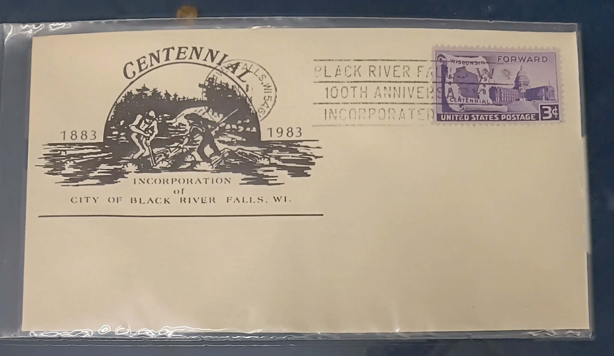 Black River Falls Centennial Collector Postal Stamp and Envelope 1883 - 1983