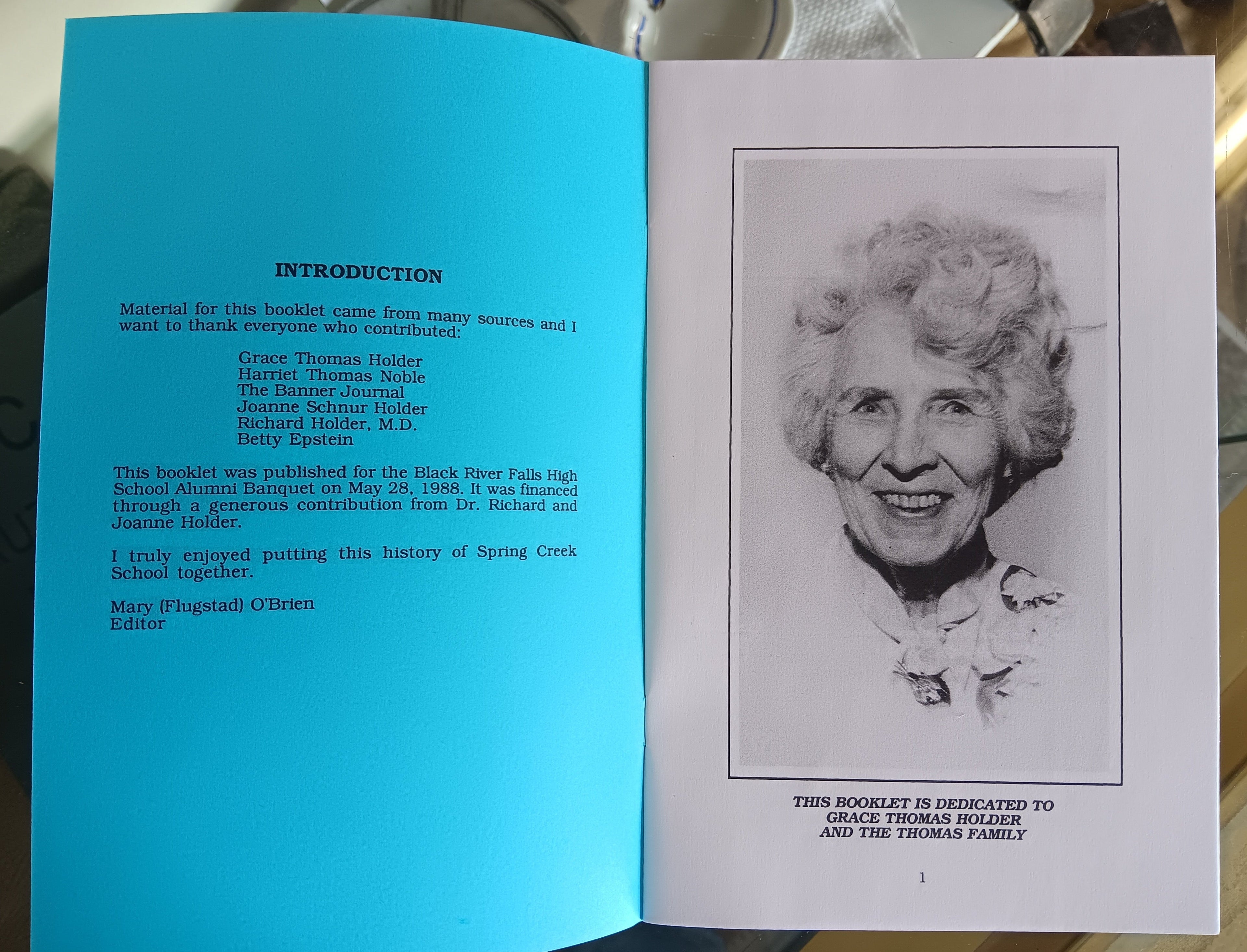 Spring Creek School booklet interior – introduction and dedication page